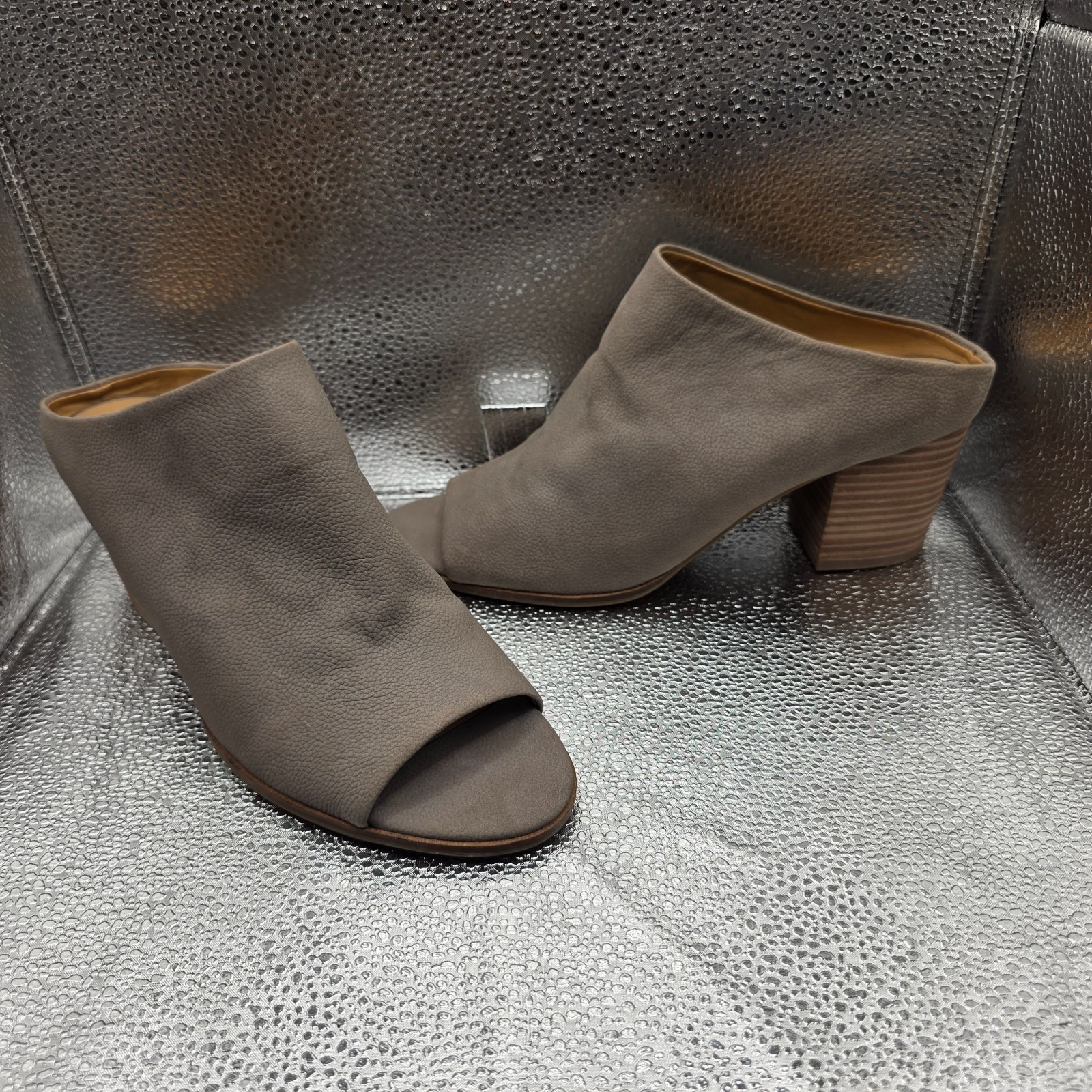Lucky Brand Lk-Organza Mule Slides Gray Leather Sz 9.5 M Open Toe Block Heel
